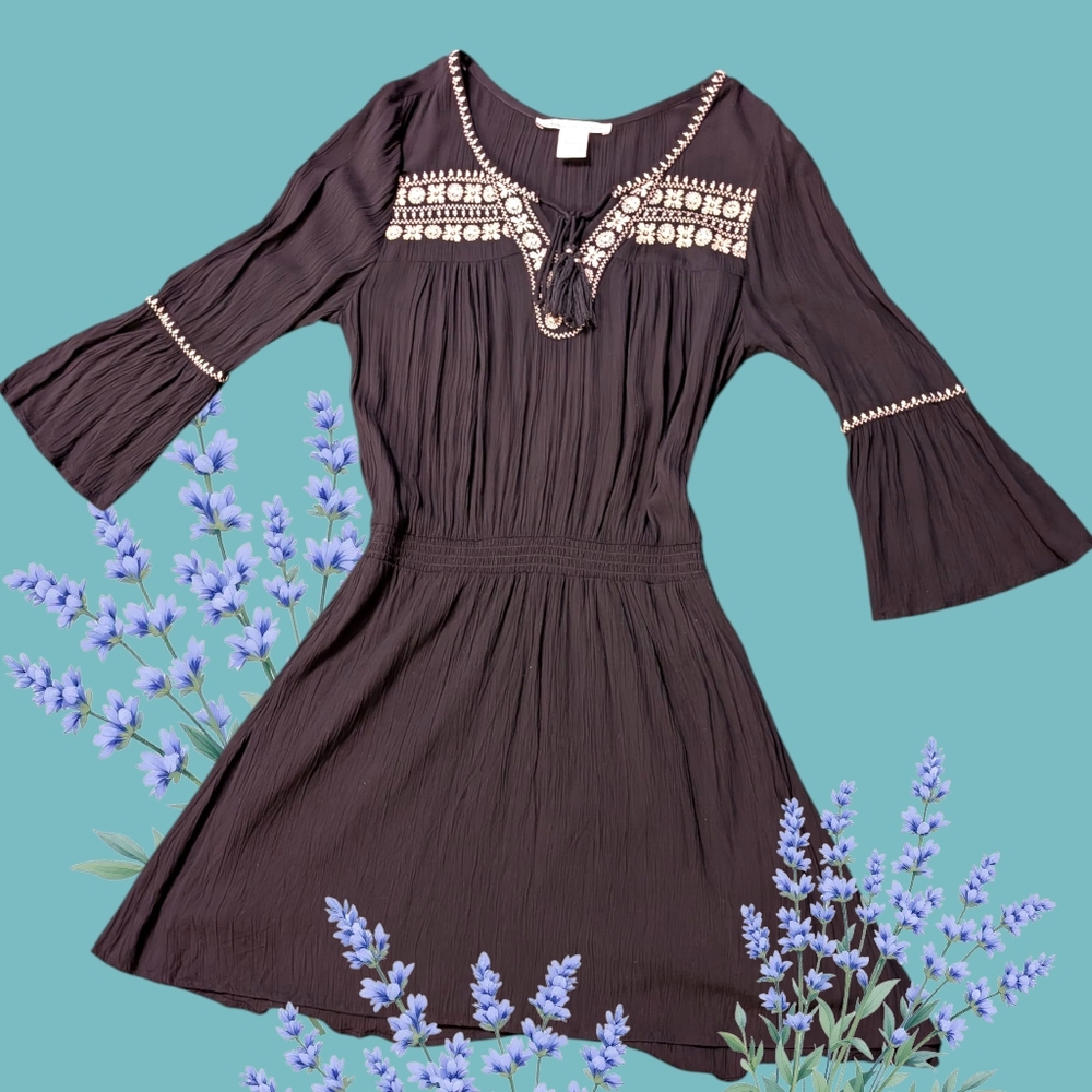 American Rag Black Long Sleeve Dress with Embroidery